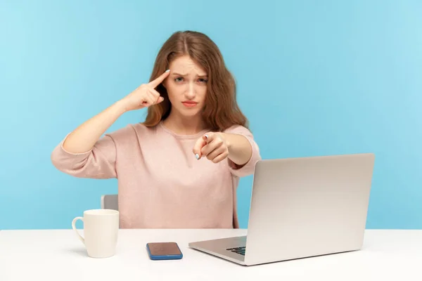 You Idiot Woman Sarcastic Look Sitting Workplace Making Stupid Gesture — Stockfoto