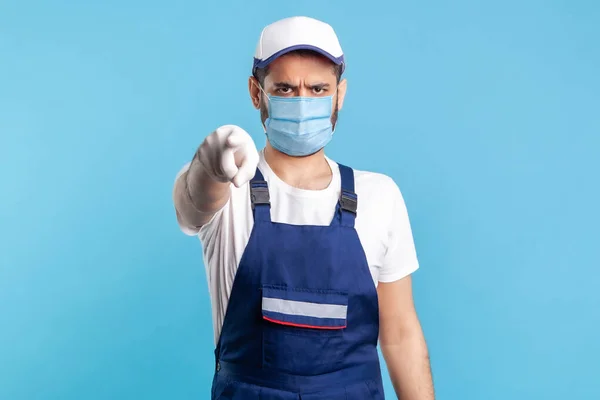 Hey Porträt Eines Strengen Heimwerkers Overalls Maske Und Mütze Der — Stockfoto