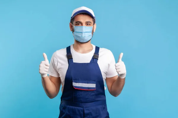 Happy Satisfied Handyman Overalls Mask Gloves Showing Thumbs Profession Service — Stock Photo, Image
