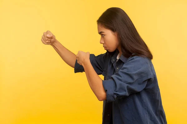Let Fight Side View Confident Courageous Girl Denim Shirt Keeping — Stock Photo, Image