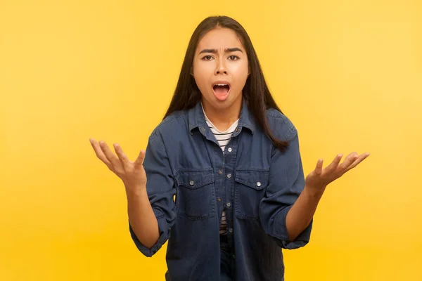 How Could You Portrait Angry Girl Denim Shirt Showing Indignant — Stock Photo, Image