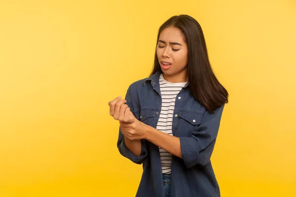 Hand Trauma Portrait Girl Denim Shirt Touching Sore Wrist Massaging — Stock Photo, Image