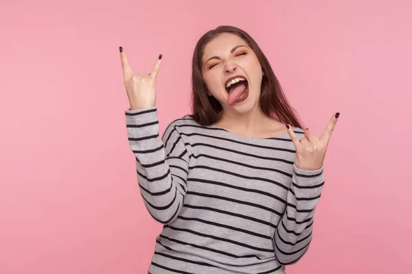 Yeah Awesome Portrait Excited Rocker Woman Striped Sweatshirt Showing Rock — Stock Photo, Image