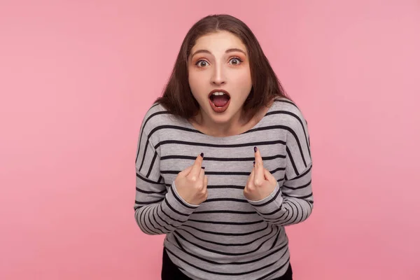 Wow Portrait Amazed Woman Striped Sweatshirt Pointing Herself Looking Camera — Stock Photo, Image