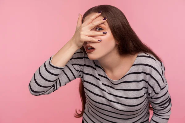 Portrait Nosy Inquisitive Woman Striped Sweatshirt Looking Fingers Curious Suspicious — Stock Photo, Image