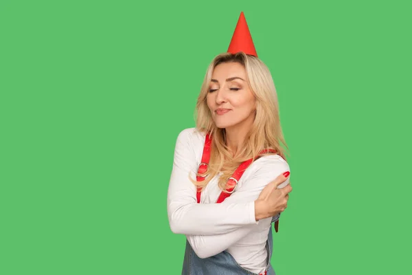 Happy Birthday Portrait Egoistic Selfish Adult Woman Party Cone Head — Stockfoto