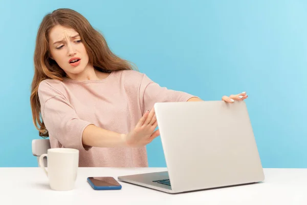 Forbidden Content Frightened Woman Employee Closing Laptop Keeping Hand Stop — ストック写真