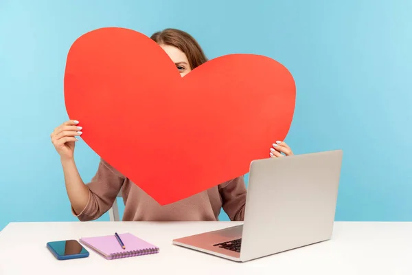 Shy Woman Hiding Face Huge Red Paper Heart Peeking Curious — Stockfoto