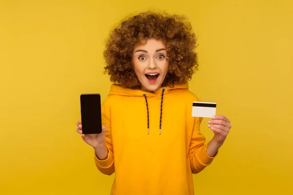 Electronic Money Online Banking App Portrait Surprised Curly Haired Woman — Stock Fotó