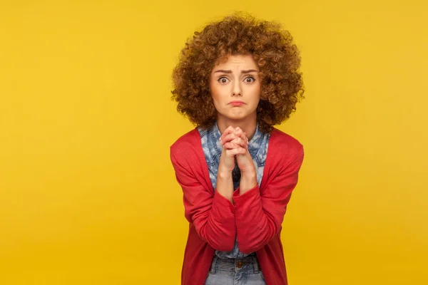 Please Begging Forgive Portrait Upset Worried Woman Curly Hair Looking — Stockfoto