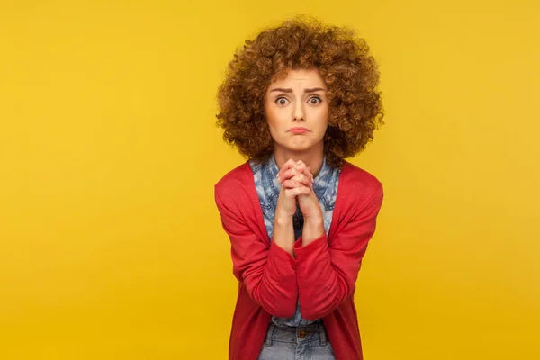 Please Begging Forgive Portrait Upset Worried Woman Curly Hair Looking — Stock Fotó