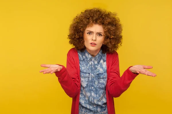 What You Want Portrait Confused Angry Woman Curly Hair Raising — Zdjęcie stockowe