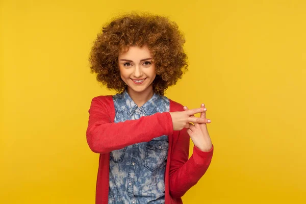 Hashtag Gesture Portrait Charming Curly Haired Woman Smiling Showing Hash — Stockfoto