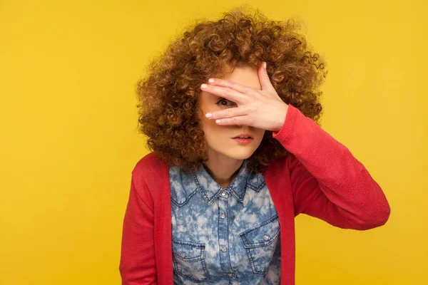 Portrait Curious Nosy Woman Curly Hair Spying Rumors Looking Fingers — Stockfoto