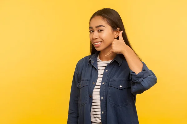 Call Portrait Friendly Girl Denim Shirt Standing Telephone Hand Gesture — Stock Photo, Image