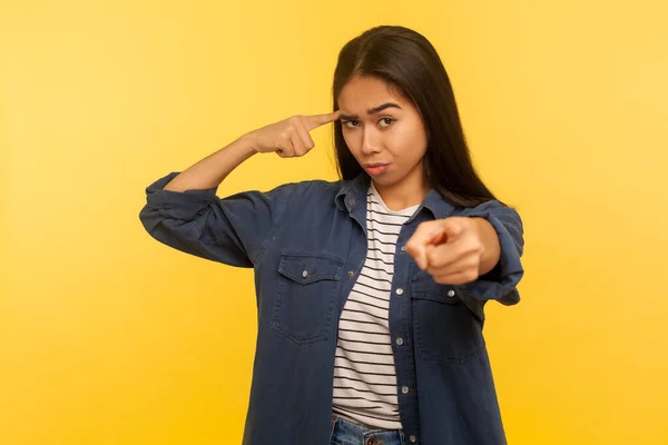 You Out Mind Portrait Girl Denim Shirt Showing Stupid Gesture — Stock fotografie