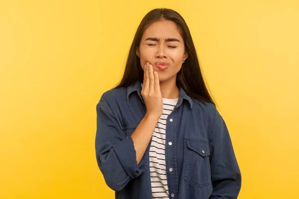 Toothache Portrait Girl Denim Shirt Touching Sore Cheek Frowning Acute — Stock Photo, Image