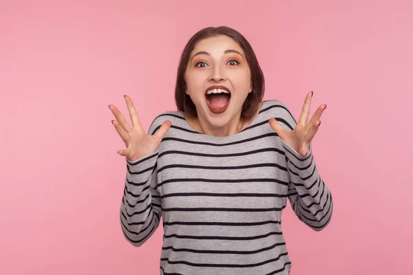 Can Believe Portrait Excited Surprised Woman Striped Sweatshirt Raising Hands — 스톡 사진