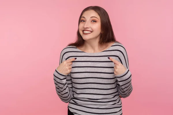 Portrait Positive Woman Striped Sweatshirt Pointing Herself Looking Camera Toothy — Φωτογραφία Αρχείου