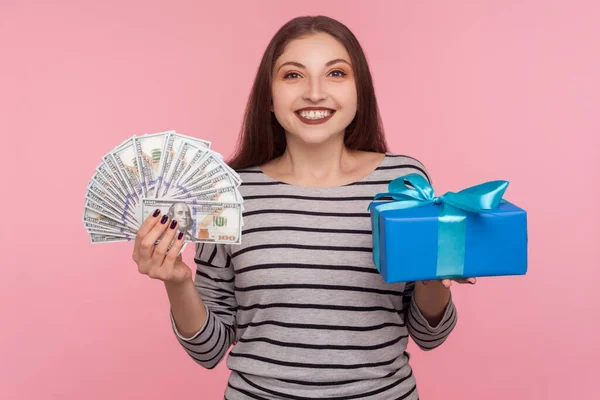 Bank Loan Holiday Shopping Portrait Happy Woman Striped Sweatshirt Holding — ストック写真