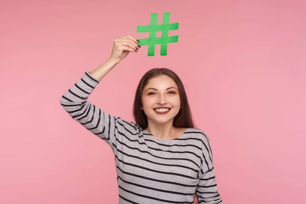 Check Viral Internet Topic Portrait Happy Young Woman Sweatshirt Hashtag – stockfoto