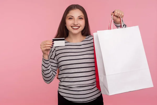 Credit Purchase Portrait Happy Shopper Woman Holding Big Shopping Bag — Stok fotoğraf