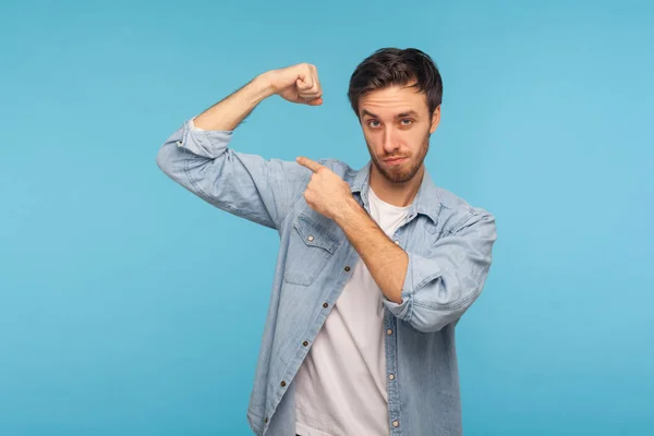 Strong Portrait Handsome Young Man Worker Denim Shirt Raising Hand — Stock fotografie