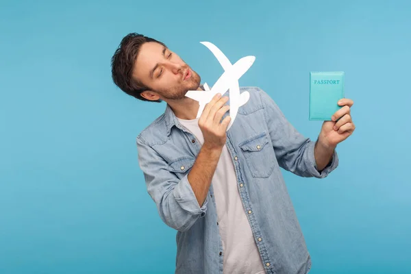 Portrait Happy Tourist Man Worker Denim Shirt Playing Paper Plane — Φωτογραφία Αρχείου