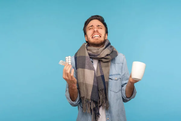 Portrait Flu Sick Man Wrapped Scarf Holding Pills Tea Cup — Φωτογραφία Αρχείου