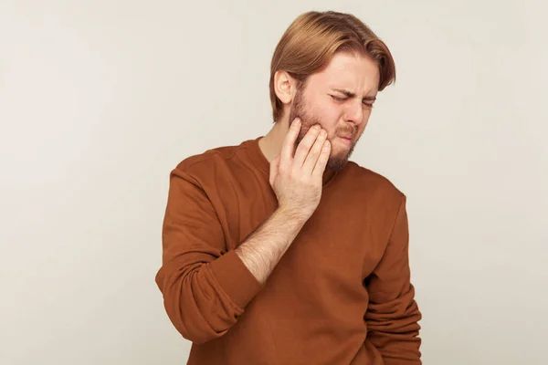 Dental Health Problems Portrait Bearded Man Sweatshirt Holding Sore Cheek — Stock Fotó