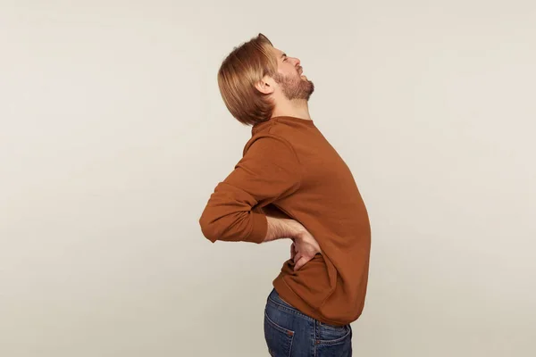 Side View Unhealthy Young Man Suffering Acute Sudden Pain Lower — Stock Photo, Image