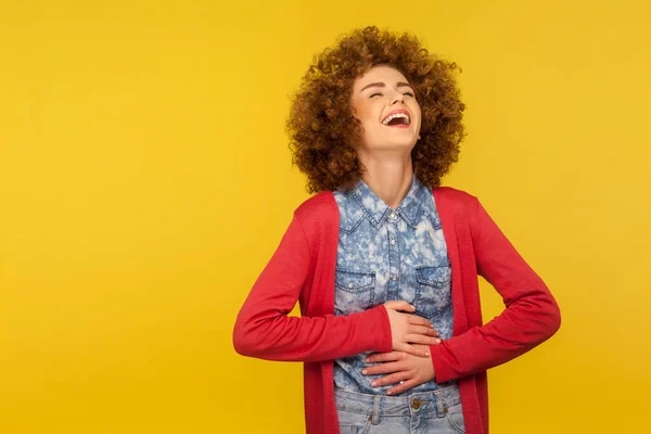 Lol Hilarische Grap Portret Van Een Vrouw Met Krullend Haar — Stockfoto