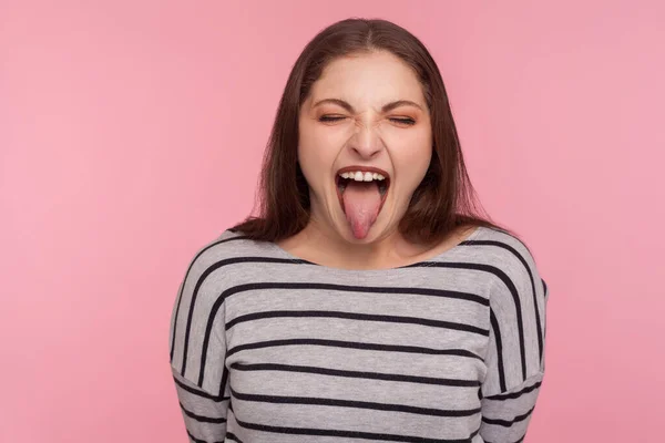 Portrait Disobedient Funny Woman Striped Sweatshirt Showing Tongue Out Expressing — Stock Photo, Image