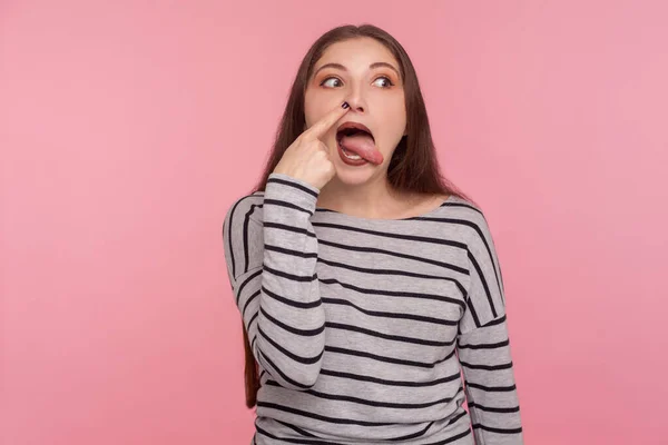 Bad Habit Portrait Funny Woman Striped Sweatshirt Drilling Nose Humorous — Stock Photo, Image