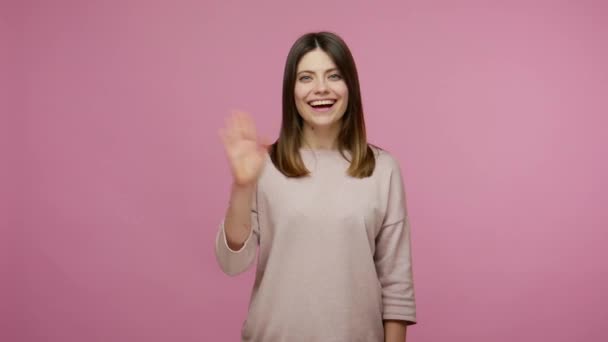 Perda Auditiva Mulher Positiva Comunicando Com Linguagem Sinais Surdo Mudo — Vídeo de Stock