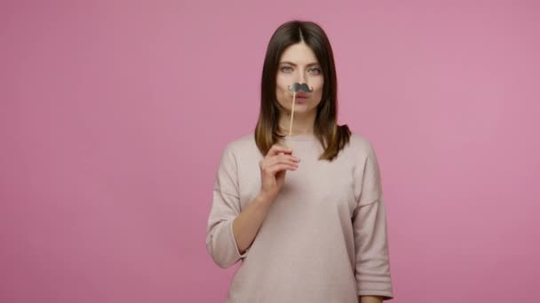 Funny Lovely Brunette Woman Wearing Fake Paper Mustache Stick Having — Stock Video