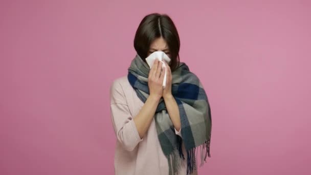 Girl Warm Scarf Sneezing Tissue Suffering Seasonal Allergy Flu Symptoms — Stock Video