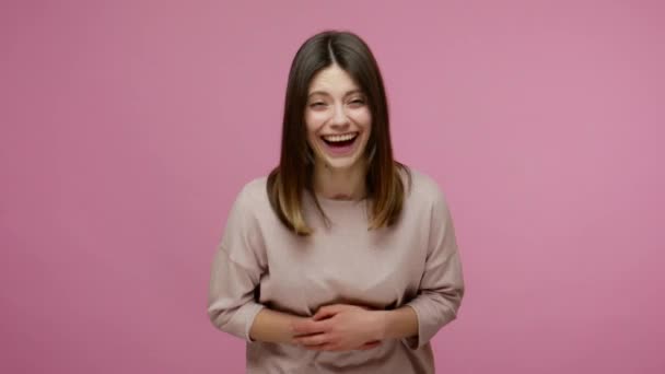 Delighted Brunette Carefree Young Woman Amused Really Funny Joke Holding — Stock Video
