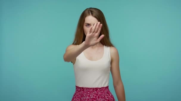 Girl Dress Looking Strict Raising Hand Warning Danger Showing Stop — Stock Video