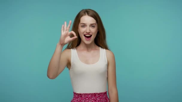 Okay Completely Agree Cheerful Friendly Girl Showing Gesture Smiling Laughing — Stock Video