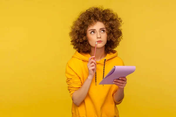 Portrait Pensive Curly Haired Hipster Woman Urban Style Hoodie Thinking — Stock Photo, Image