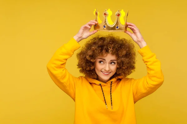 Queen Portrait Happy Curly Haired Hipster Woman Putting Crown Head — Stock Photo, Image