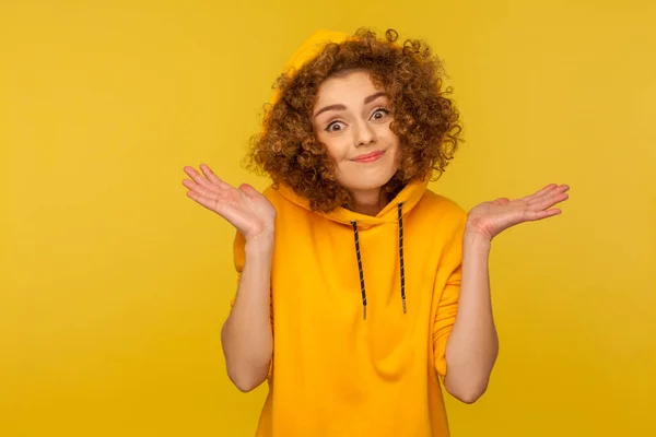 Desculpa Não Sei Menina Hipster Confuso Com Cabelo Encaracolado Estilo — Fotografia de Stock