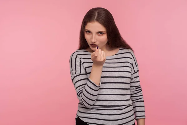 Hey You Approach Portrait Attractive Seductive Woman Striped Sweatshirt Gesturing — Stock Photo, Image