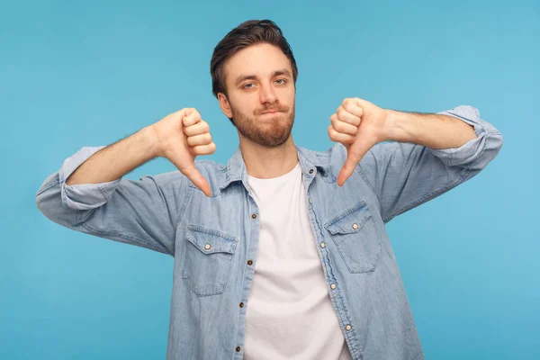 Dislike Awful Service Portrait Dissatisfied Man Worker Denim Shirt Showing — Stock Photo, Image