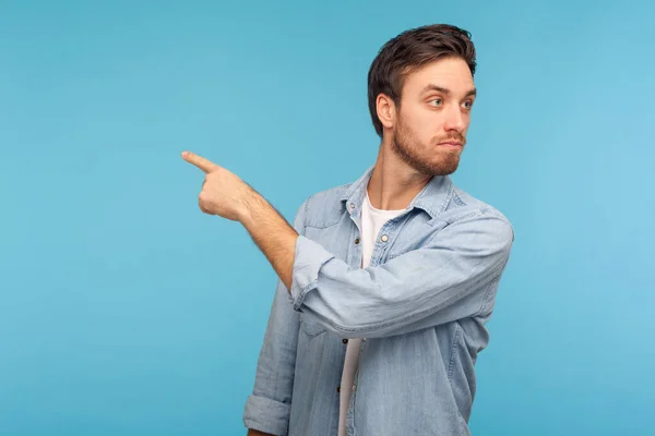 Get Out Portrait Irritated Young Businessman Casual Denim Shirt Pointing — Stock Photo, Image