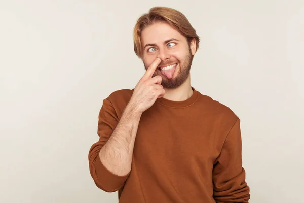 Portrait Dumb Brainless Comical Man Beard Sweatshirt Picking Nose Looking — Stockfoto