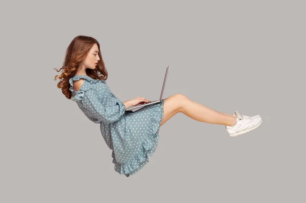 Hovering Air Pretty Girl Ruffle Dress Levitating Typing Keyboard Using — Stock Photo, Image