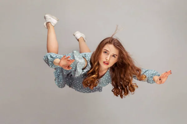 Beautiful Girl Levitating Mid Air Falling Her Hair Messed Soaring — Stock Photo, Image