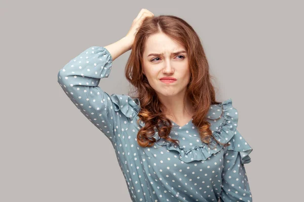 Hmm Need Think Thoughtful Confused Brunette Girl Ruffle Blouse Scratching — Stock Photo, Image